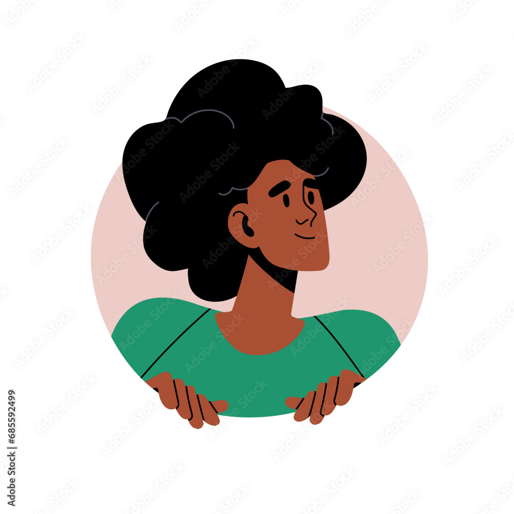 Happy people face in round geometric avatar. Woman look outside, smile. Lovely girl head with positive emotions in circle. Female user profile. Flat isolated vector illustration on white background Happy people face in round geometric avatar. Woman look outside, smile. Lovely girl head with positive emotions in circle. Female user profile. Flat isolated vector illustration on white background