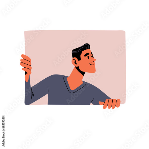 Interested man looking out window. People peeking from behind wall. Character with curious emotions, happy facial expression. Curiosity flat isolated vector illustration on white background