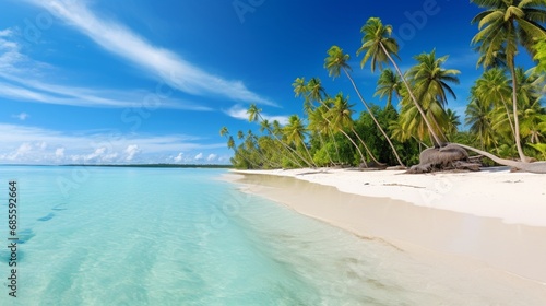 A pristine white sandy beach with clear turquoise waters and a line of palm trees.