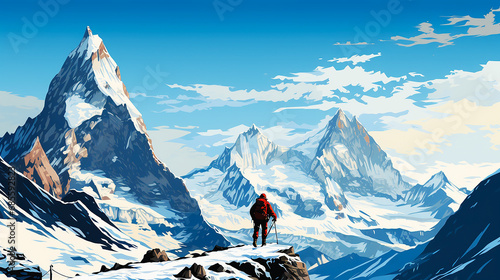 冬の険しい山を登山する人