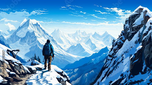 冬の険しい山を登山する人