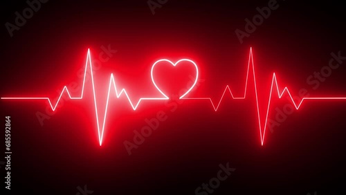 Neon Digital Heartbeat Plus Animation. Neon heartbeat on black isolated background. photo