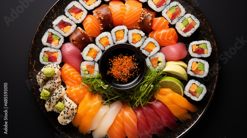 image of a delicious plate of sushi arranged neatly on white.
