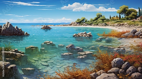 A rocky shore in the littoral zone with clear, blue water and a variety of marine life visible. © AQ Arts