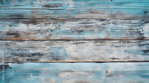 Vintage beach wood background - Old weathered wooden plank painted in turquoise or blue sea color. Generative AI.