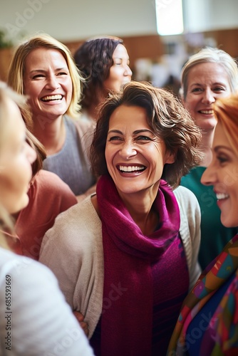 Smiling mature women hug supporting at psychotherapeutic session in office. Old friends of different races embrace showing love and acceptance at meeting. Group therapy advantages for participants