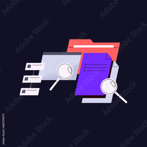 Search documents, files in computer archive, server. Seeking information, info in database storage. Tracking electronic data library. Magnifying glass, loupe icon. Flat isolated vector illustration