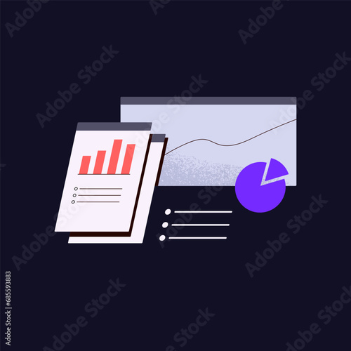 Business analytic report infographic: diagram, graph, chart. Web, data analysis, database statistics. Measure kpi indicators, metrics. Research financial information. Flat isolated vector illustration