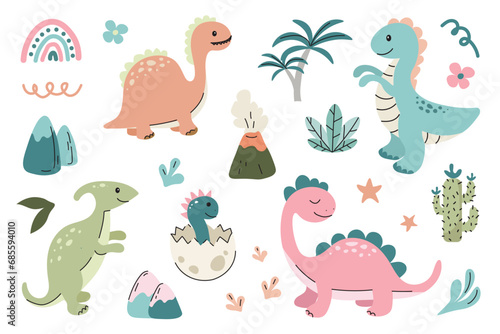 Set with cute dinosaurs. Funny dinosaurs collection with different types of cute animals. Vector illustration isolated on white background