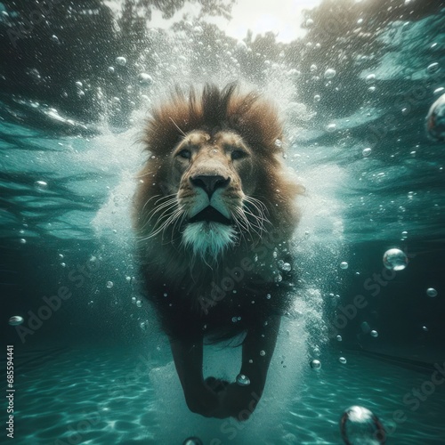 lion swimming underwater