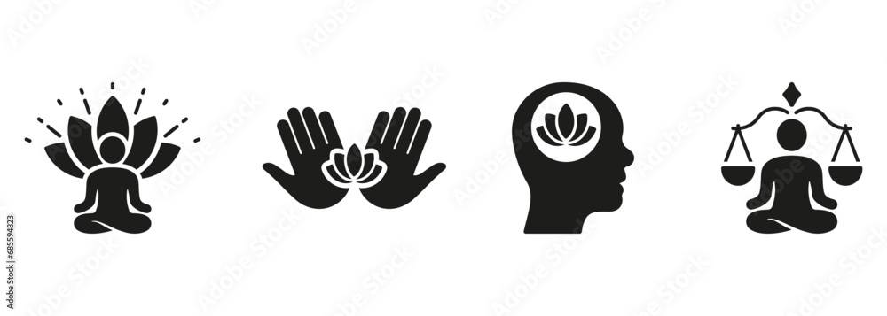 Mental Health, Yoga And Balance Silhouette Icon Set. Person Meditate In Lotus Position Symbol Collection. Wellness Glyph Pictogram. Calm Mind, Zen Pose Sign. Isolated Vector Illustration