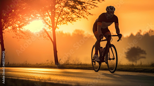 Men cycling road bike in the morning