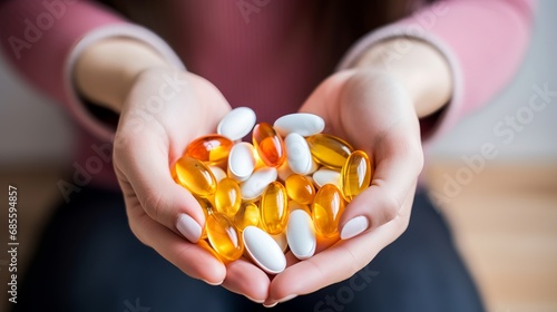 The girl holds a lot of pills in her hands photo