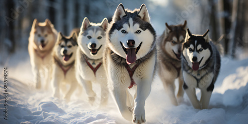 huskies pull a sled through the snow