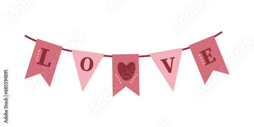 Valentine's day bunting, white background. Bunting flags with inscription Love. Paper garland for holiday decoration. Templates for scrapbooking, postcards, wrapping, fabrics, wallpaper