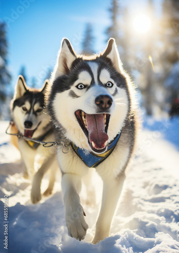 huskies pull a sled through the snow