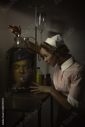 Young 1940s-1950s nurse giving pills to a man's head preserved in a formalin jar at night, in a vintage hospital room photo