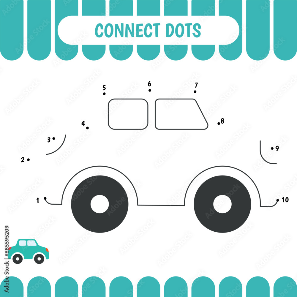 Dot to dot game for kids. Join and color car. Activity worksheet for preschool children. Vector illustration. Dot to dot game for kids. Join and color car. Activity worksheet for preschool children. Vector illustration.