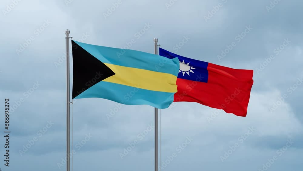 Taiwan and Bahamas flag waving together on cloudy sky, endless seamless loop, two country cooperation concept Taiwan and Bahamas flag waving together on cloudy sky, endless seamless loop, two country cooperation concept