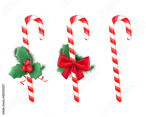 3D Rendering Christmas Candy Cane Set Isolated On Transparent Background, PNG File Add