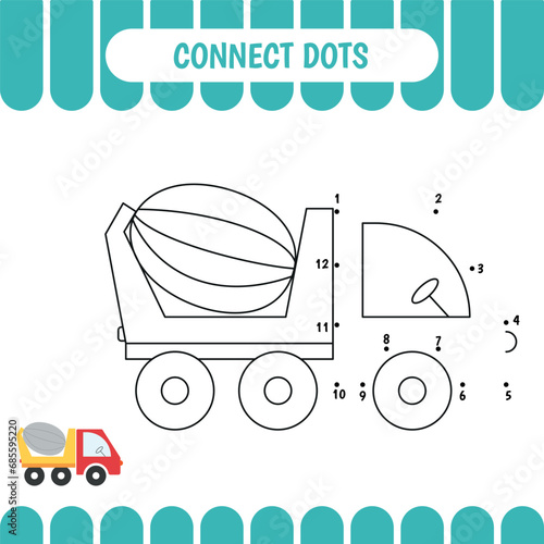 Educational game for preschool kids. Connect dots. Join the line and color concrete mixer truck. Vector illustration.