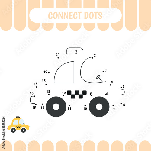 Dot to dot taxi car, game for preschool kids. Activity worksheet. Count number  handwriting practice. Vector Illustration..
