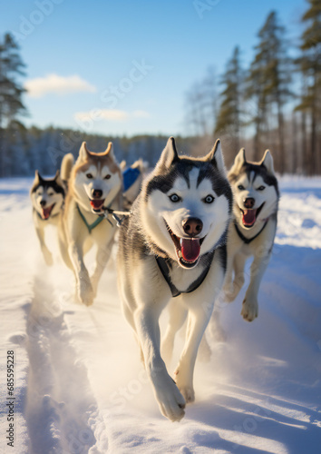 huskies pull a sled through the snow