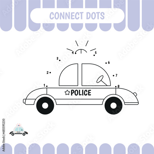 Educational game for preschool kids. Connect dots. Join the line and color police car. Vector illustration.