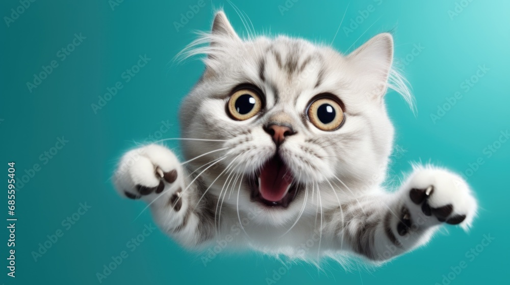 funny cat flying. photo of a playful tabby cat jumping mid-air looking at camera. background with copy space funny cat flying. photo of a playful tabby cat jumping mid-air looking at camera. background with copy space