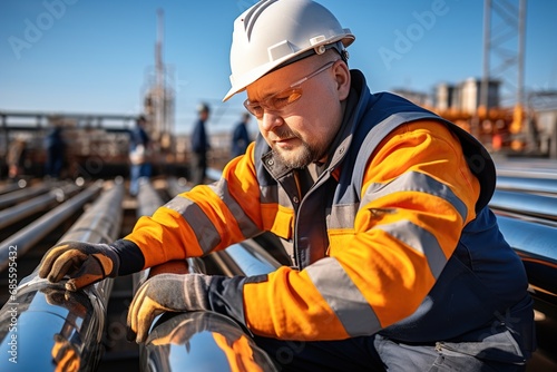 Worker in a work environment. Worker near gas transmission pipeline system