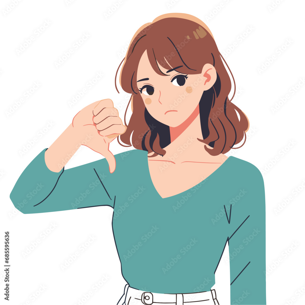Young woman with thumbs down gesture as a bad sign vector illustrations on white background Young woman with thumbs down gesture as a bad sign vector illustrations on white background