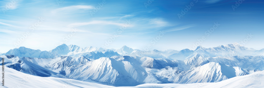 Panorama of Snow Mountain Range Landscape with Blue Sky