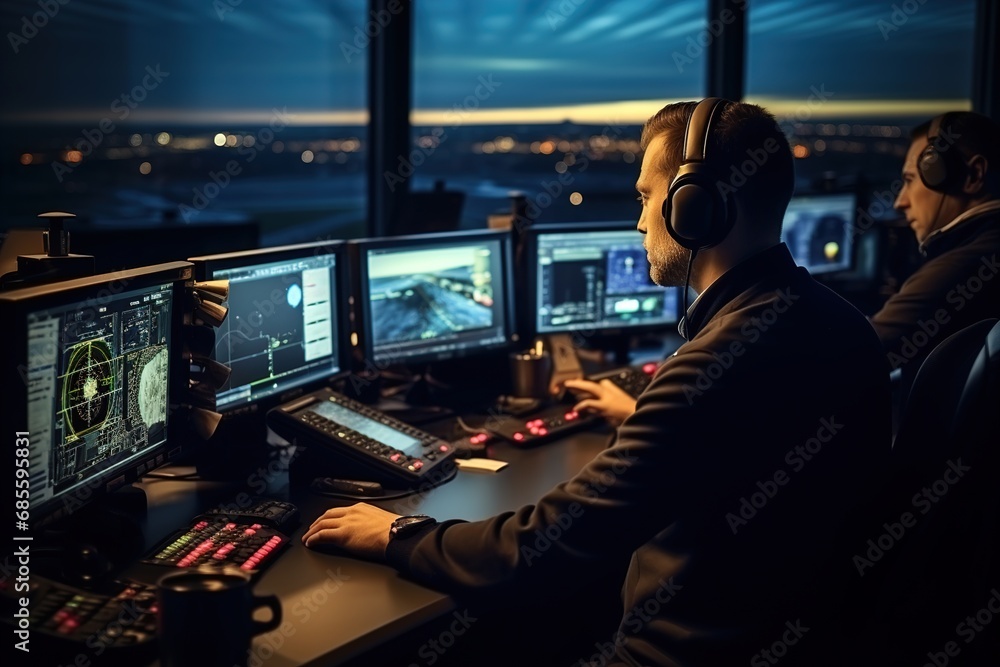 Worker in a work environment. Airport Traffic Control Tower controller Worker in a work environment. Airport Traffic Control Tower controller