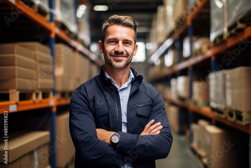 Worker in a work environment. Male logistics worker in distribution center