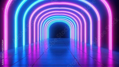 Abstract neon light fluorescent Neon Lights glow  Reflection on water  exhibition background 3D illustration.