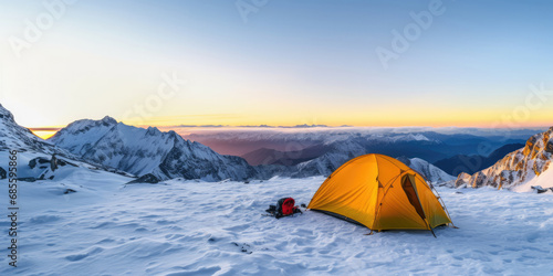 Panorama of Steep peak mountains with covered snow and yellow tent camping at twilight time
