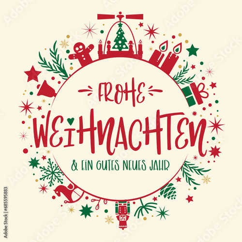 Frohe Weihnachten und ein gutes neues Jahr Kalligraphie - runde Form rot gr  n und gold Gru  karte mit Weihnachtspyramide  Geschenken  Kerzen  Sternen und deutschem Text