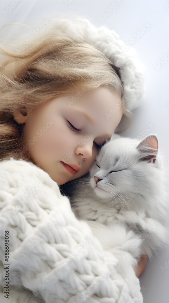 Portrait of a white toddler girl sleeps with her cat against white background with space for text, background image, AI generated Portrait of a white toddler girl sleeps with her cat against white background with space for text, background image, AI generated