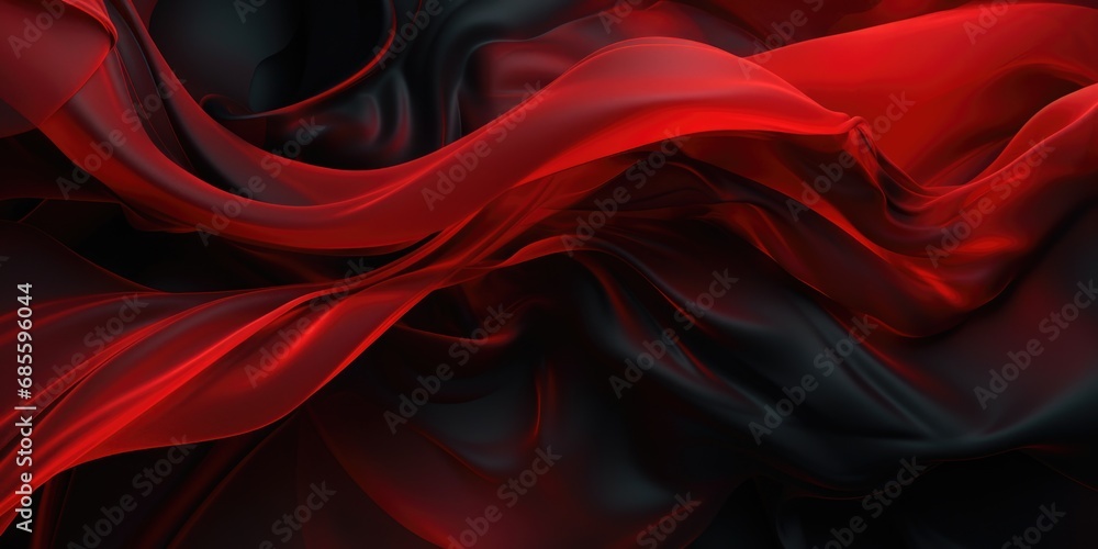 Banner with flying red and black silk fabric with pleats, background image - obrazy, fototapety, plakaty 
