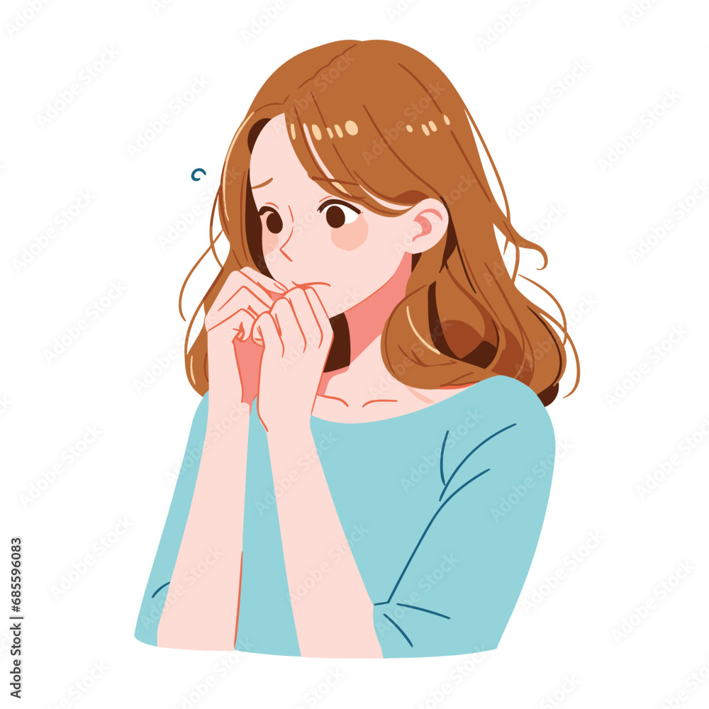Young woman feeling anxious and biting her fingernails vector illustrations on white background Young woman feeling anxious and biting her fingernails vector illustrations on white background