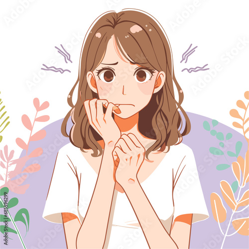 Young woman feeling anxious and biting her fingernails vector illustrations on white background