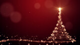 Christmas tree with lights particles and snowflakes on red