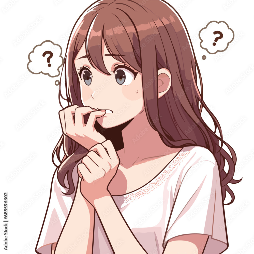 Young woman feeling anxious and biting her fingernails vector illustrations on white background Young woman feeling anxious and biting her fingernails vector illustrations on white background