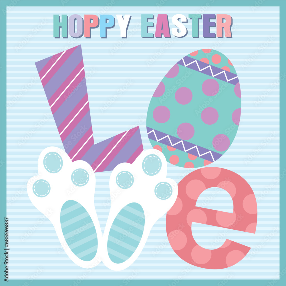 happy easter with love text, egg and bunny legs