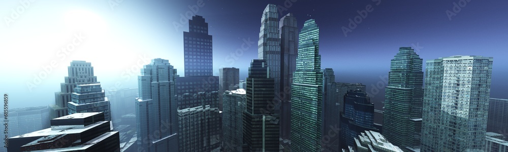 Fototapeta premium Cityscape panorama, modern city with skyscrapers in the rays of the setting sun, 3D rendering