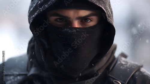 Portrait of a ninja warrior in action against winter ambience background with space for text, background image, AI generated