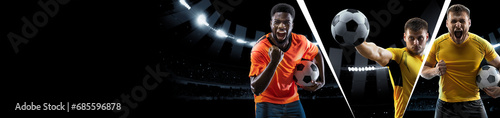 Collage. Man, football player showing emotions of success and win over black background, sport stadium with flashlights. Concept of professional sport, success, achievement, competition. Banner