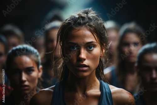 Determined eyes pierce through dreamlike blur as female runner charges ahead, runner image