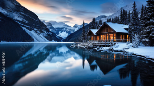 Stunning blue hour shot of a boat house on a crystal clear winter morning at Lake Louise, Alberta, Canada © Sasint