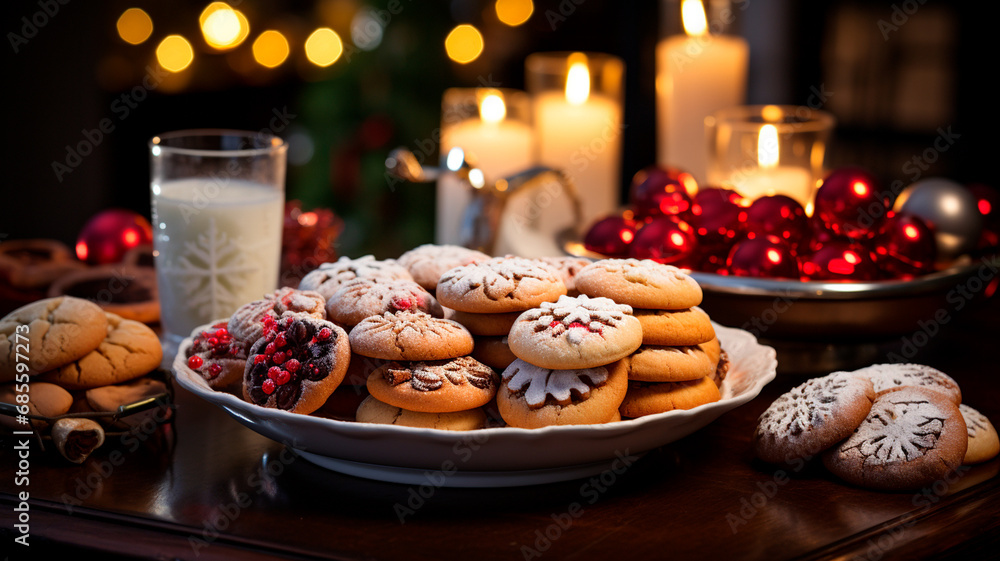 Una escena festiva y conmovedora con un bonito surtido de galletas navideñas dispuestas en una mesa de temática festiva. - obrazy, fototapety, plakaty 